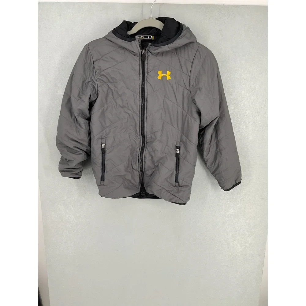 Under Armour Boys Puffer Jacket Gray Quilted Insulated Hooded Youth Medium